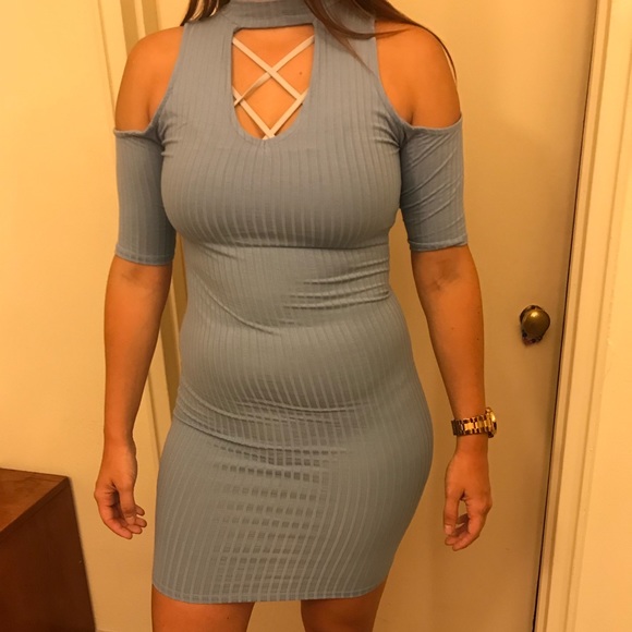 Cold Shoulder Bodycon Dress w Choker Detail - Blue - Picture 6 of 8